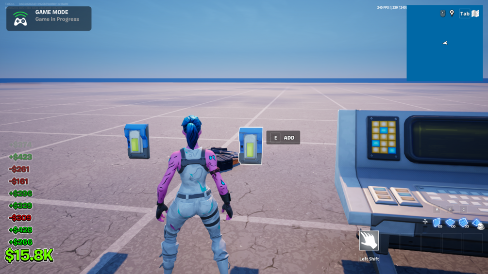 Currency HUD displaying a balance of 15.8K and animated gain and loss notifications